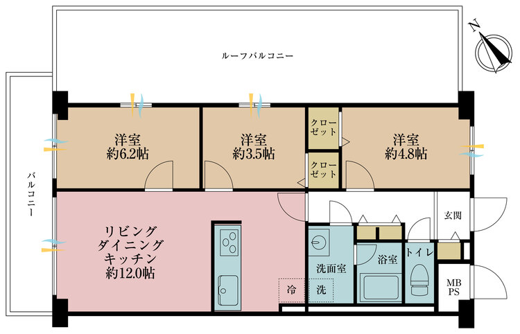 間取り 3LDK、専有面積61.6m2、バルコニー面積9.94m2