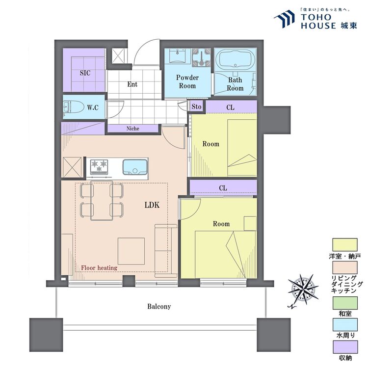 間取り ２ＬＤＫ、専有面積５３．９８平米、バルコニー面積９.６５平米