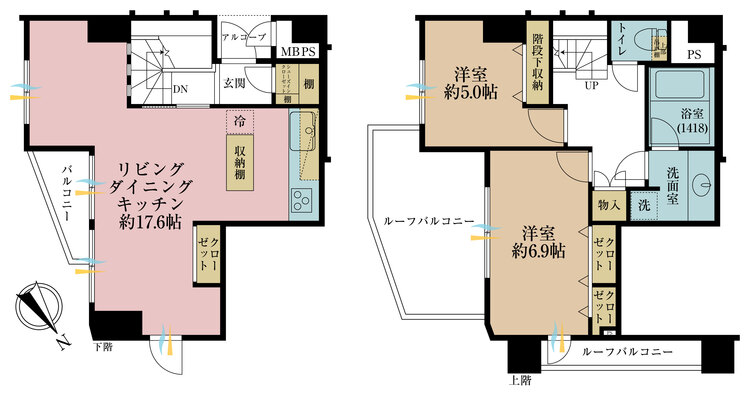 間取り ２ＬＤＫ、専有面積７６．２９平米、バルコニー面積２．５４平米、ルーフバルコニー面積１３．４４平米