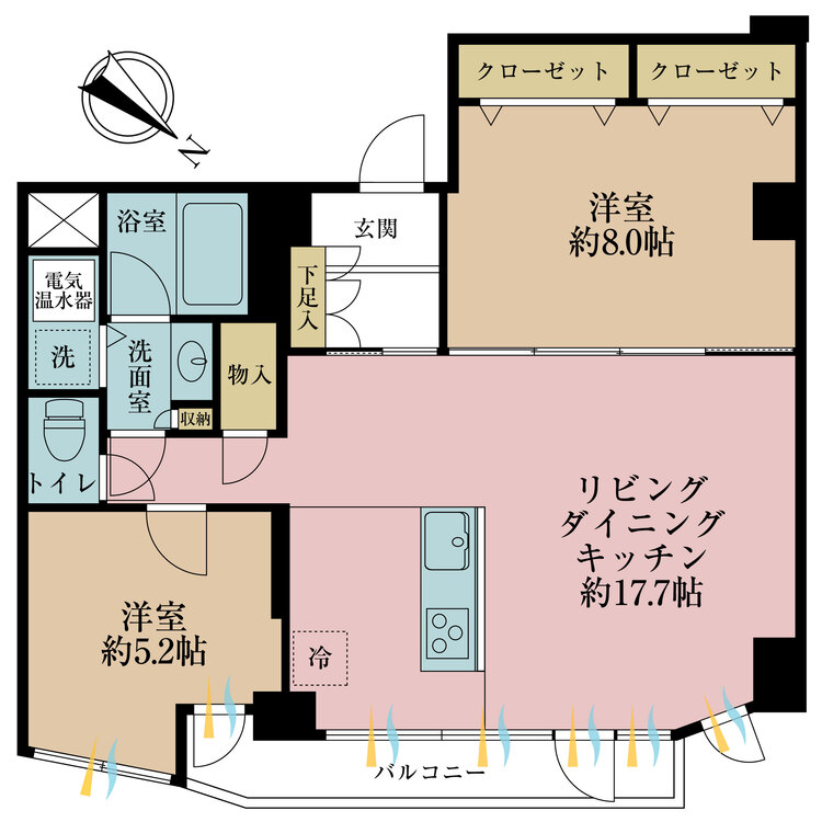 間取り 2LDK、専有面積67.07m2、バルコニー面積5.51m2