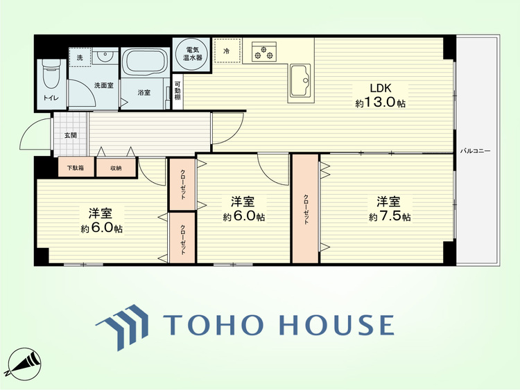 間取り 3LDK　専有面積74.02平米、バルコニー面積7.44平米