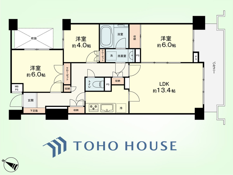 間取り 3LDK　専有面積70.48平米、バルコニー面積9.43平米