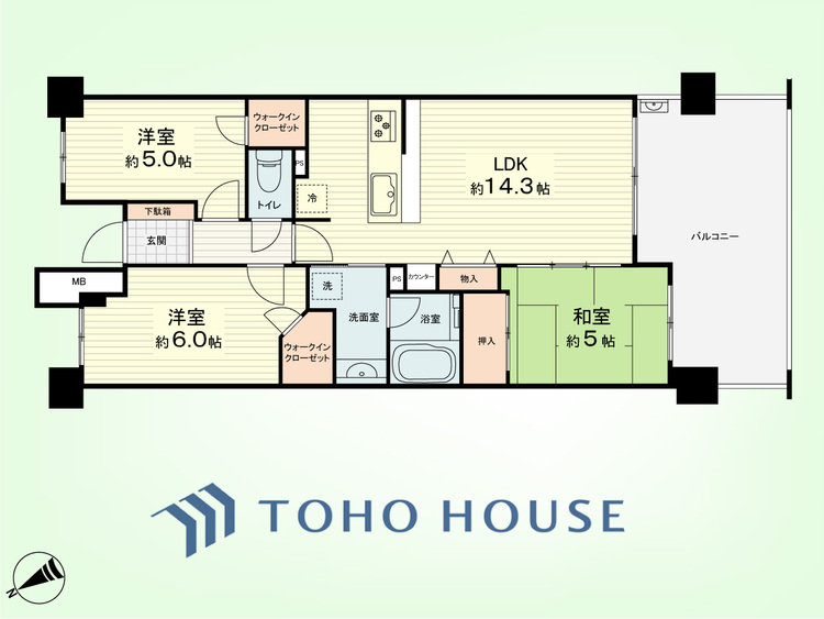 間取り 3LDK　専有面積66.50平米、バルコニー面積15.67平米