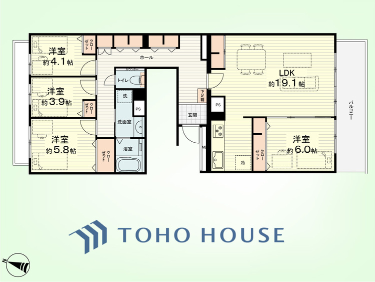 間取り 4LDK　専有面98.97積平米、バルコニー面積10.59平米