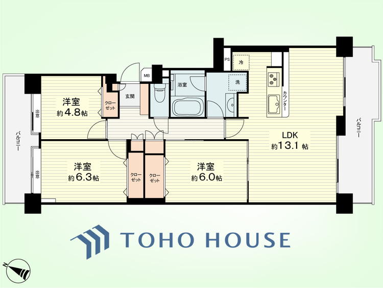 間取り 3LDK　専有面積77.91平米、バルコニー面積17.11平米
