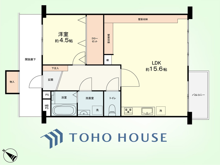間取り 1LDK　専有面積56.70平米、バルコニー面積3.60平米