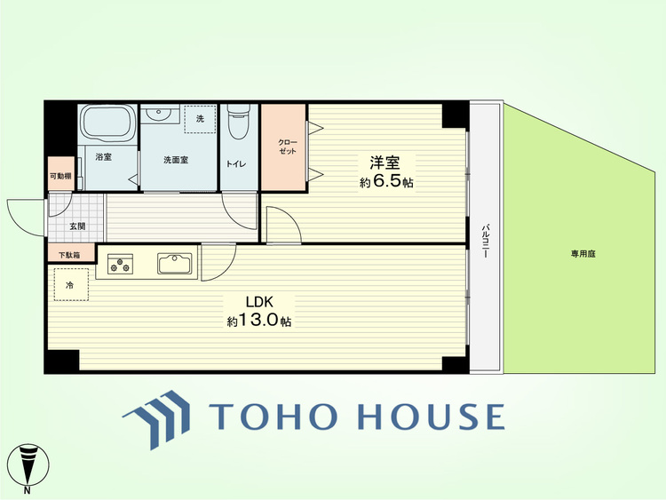 間取り 1LDK　専有面積44.40平米、バルコニー面積5.0平米