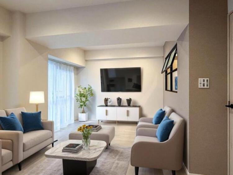 居間 （配置してある家具はCGによるイメージです。）くつろげるリビングは話に夢中になりすぎて、ついつい時間を忘れてしまう。そんな束の間の幸せを感じさせてくれる場所です。