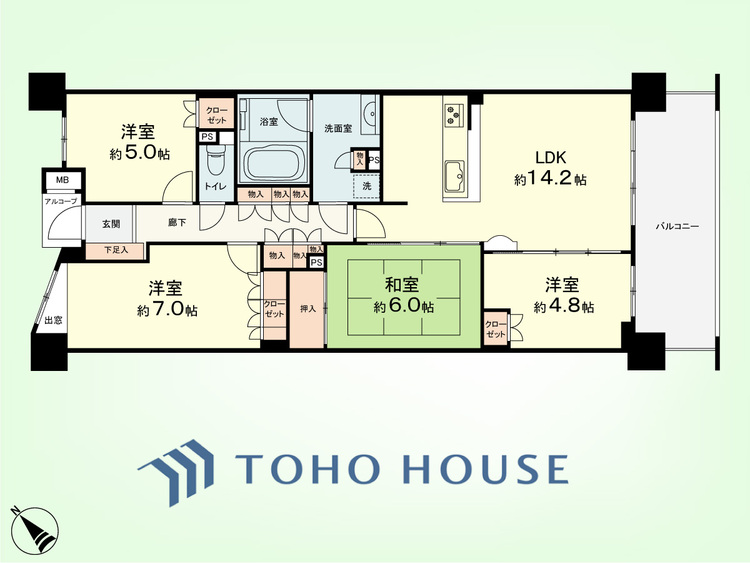 間取り 4LDK　専有面積83.77平米、バルコニー面積12.4平米