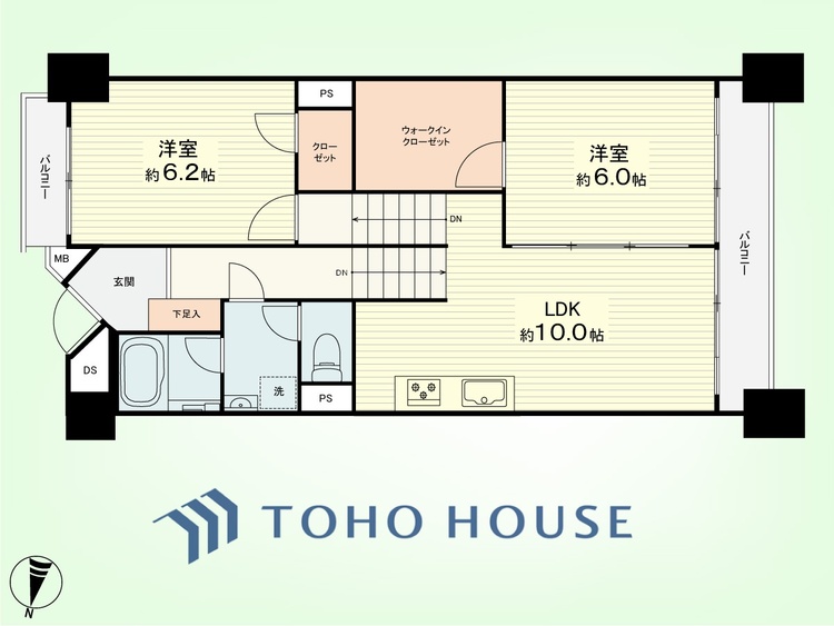 間取り 2LDK　専有面積67.88平米、バルコニー面積7.15平米