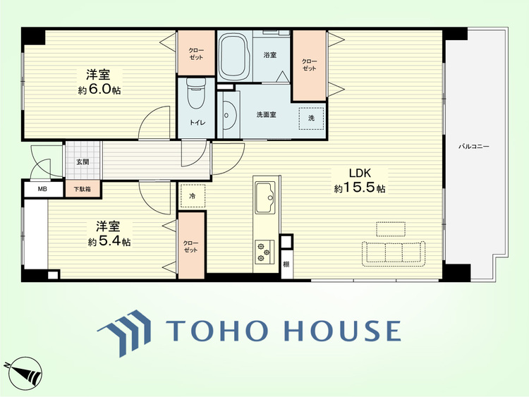 間取り 2LDK　専有面積59.17平米、バルコニー面積8.90平米