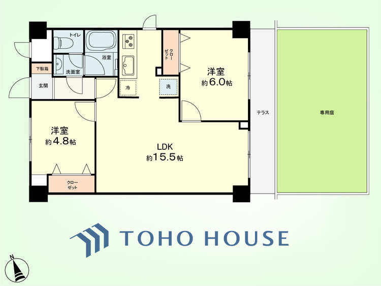 間取り 2LDK　専有面積54.74平米、バルコニー面積6.44平米