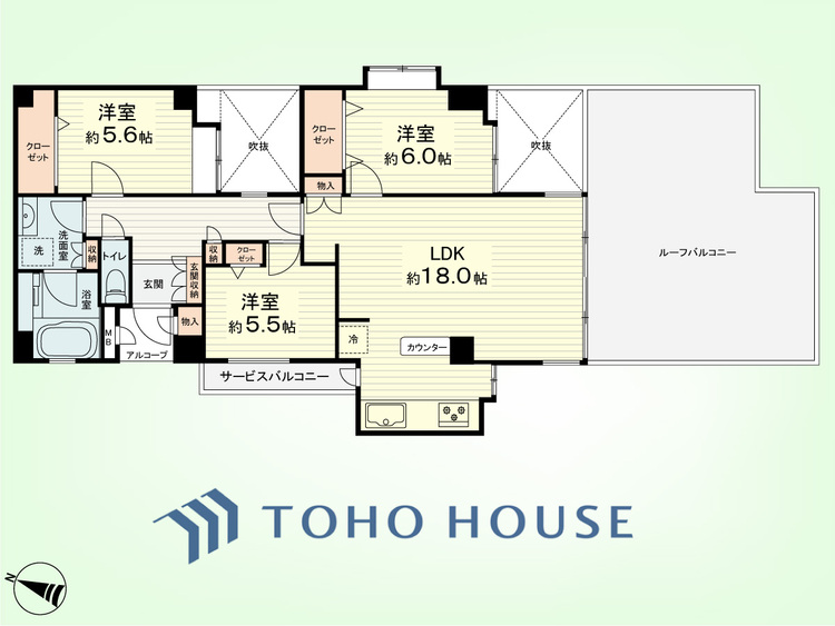 間取り 3LDK　専有面積81.75平米、ルーフバルコニー面積23.48平米
