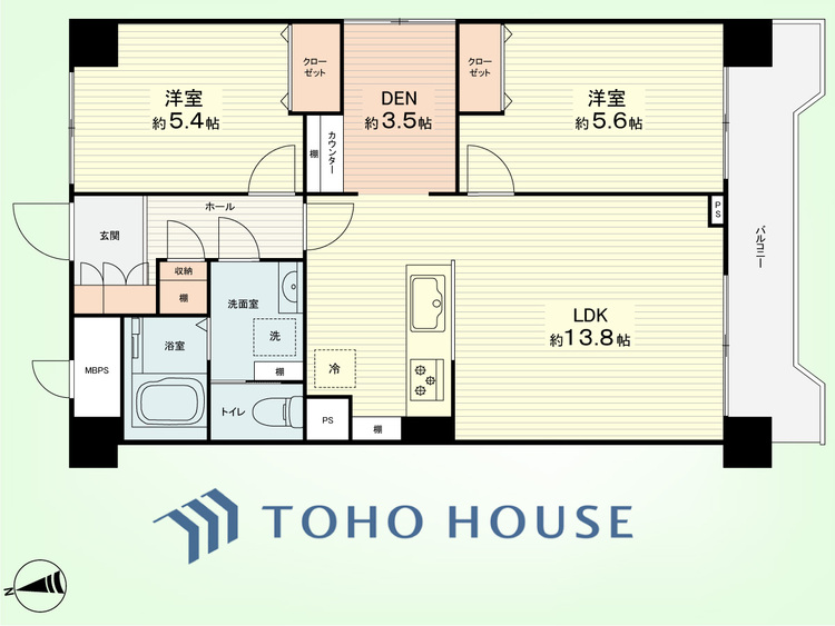 間取り 2LDK+DEN　専有面積61.11平米、バルコニー面積8.25平米