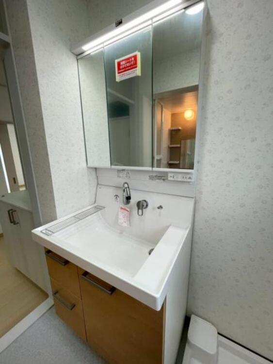 洗面 鏡面裏が収納となっており小物もすっきりと収納できる洗面台