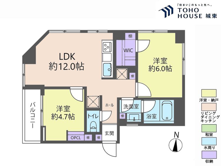 間取り ２ＬＤＫ、専有面積４９．１５平米、バルコニー面積３平米