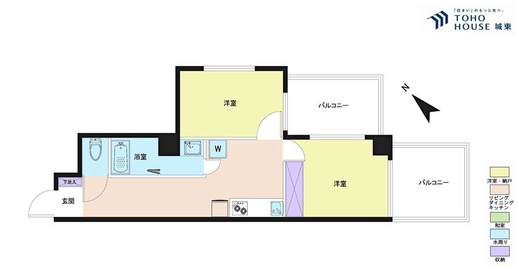 間取り ２ＤＫ、専有面積３８．０６平米、バルコニー面積６平米