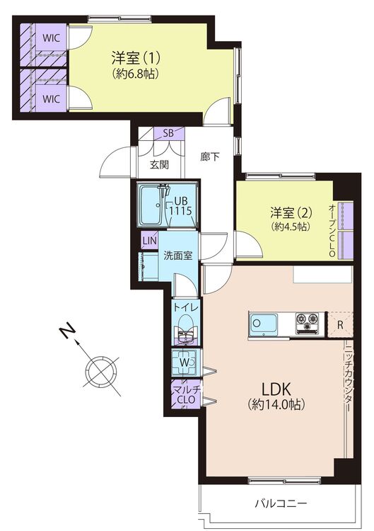 間取り ２ＬＤＫ、専有面積６０．４６平米、バルコニー面積４．８５平米