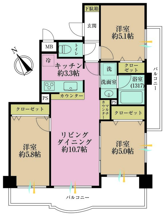 その他 3LDK、専有面積64.81m2、バルコニー面積17.67m2
