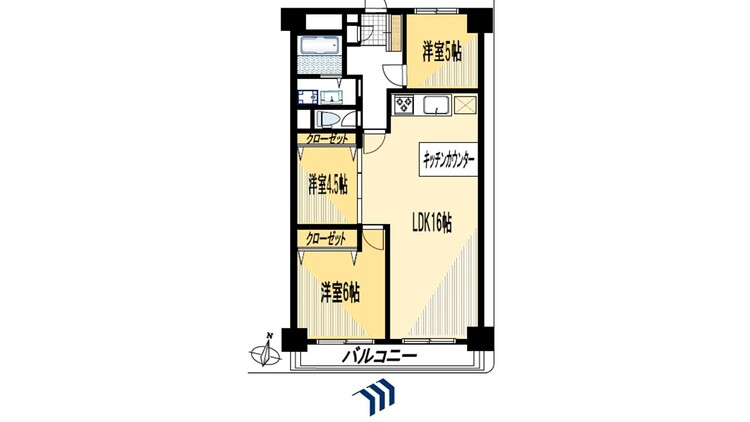 間取り 南向きの庭に面した、日当たり良好な3LDKです。廊下が少なく、居住空間を有効活用した機能的な間取りが魅力。各居室にクローゼットもあり、すっきりと暮らせます。
