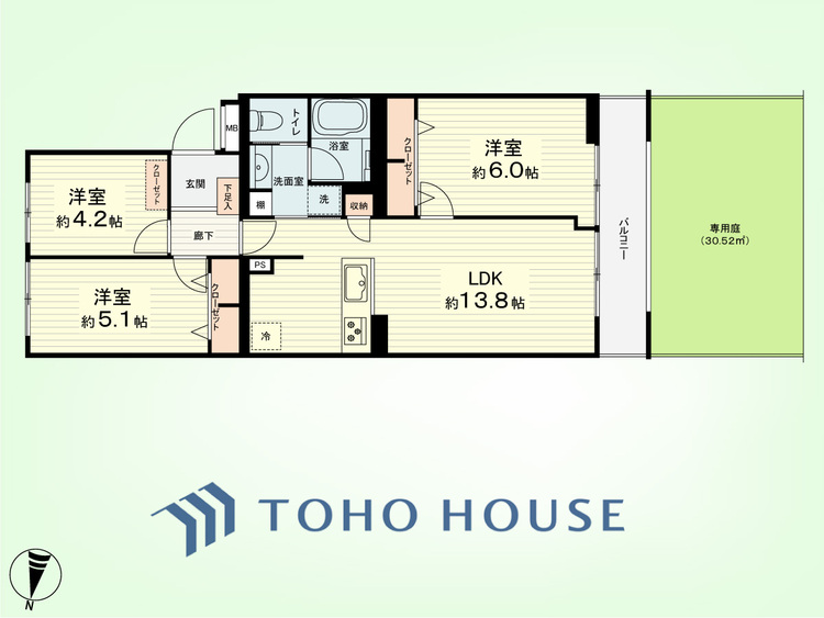 間取り 3LDK　専有面積61.85平米、バルコニー面積5.55平米、専用庭面積30.52平米