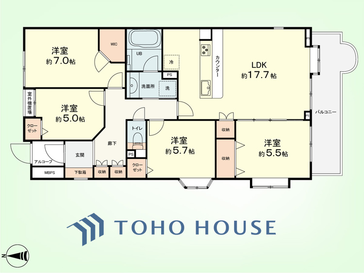 間取り 4LDK　専有面積91.73平米、バルコニー面積9.8平米