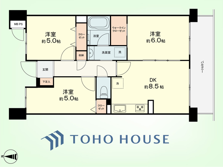 間取り 3DK　専有面積55.71平米、バルコニー面積8.19平米