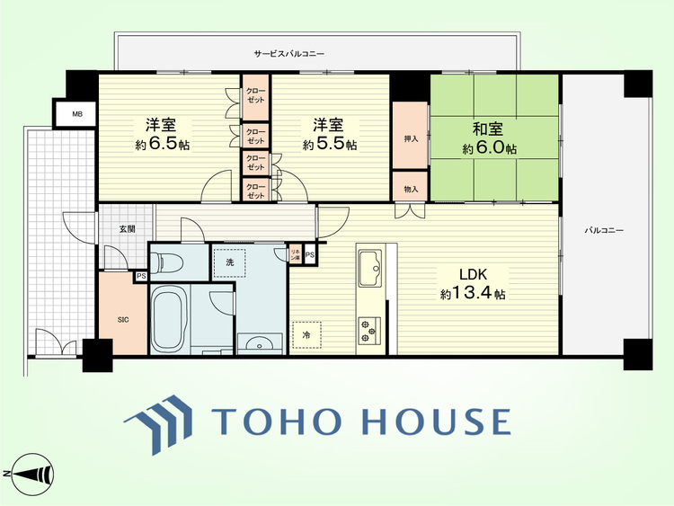 間取り 3LDK+リネン庫　専有面積73.03平米、バルコニー面積13.40平米