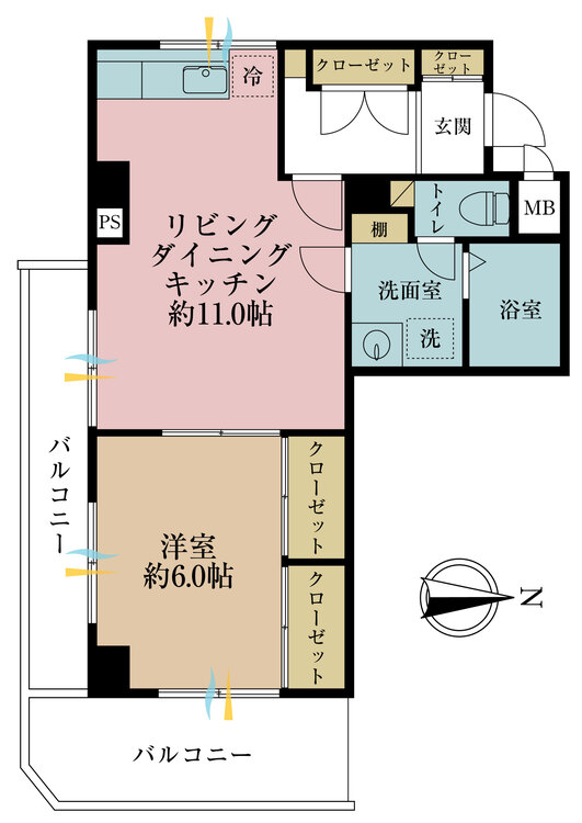 間取り 1LDK、専有面積40.88m2