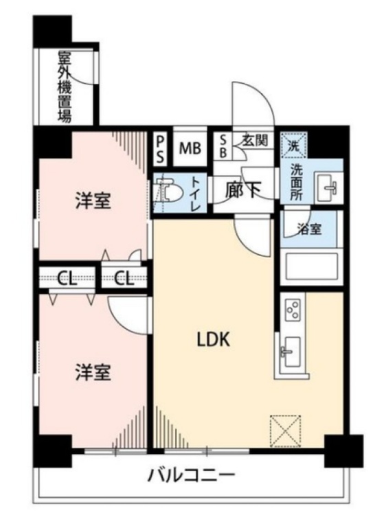 間取り 2LDK、専有面積51.84m2、バルコニー面積8.64m2