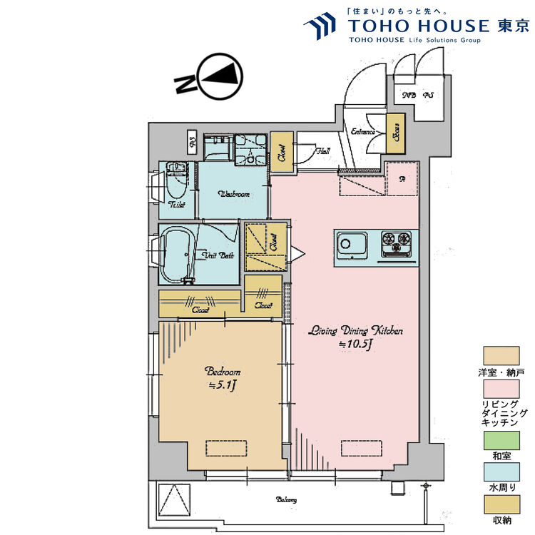間取り 1LDK、専有面積38.71m2、バルコニー面積4.51m2