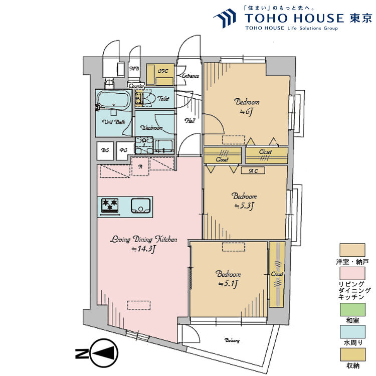 間取り 3LDK、専有面積68.11m2、バルコニー面積10.02m2