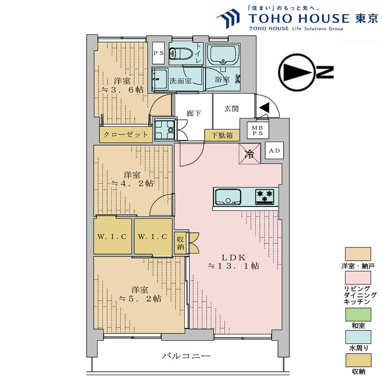 間取り 3LDK、専有面積60.92m2、バルコニー面積6.4m2