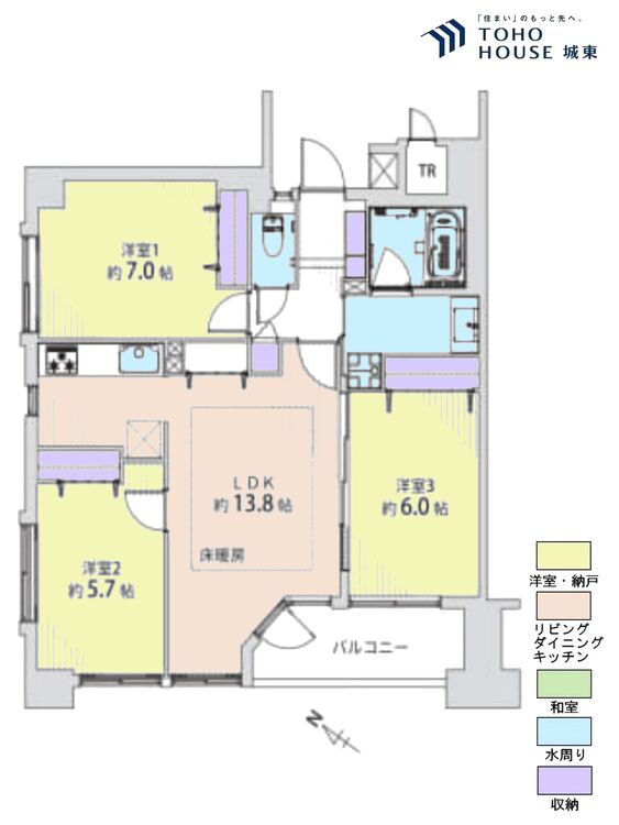 間取り ３ＬＤＫ、専有面積７３．７７平米、バルコニー面積５．９８平米