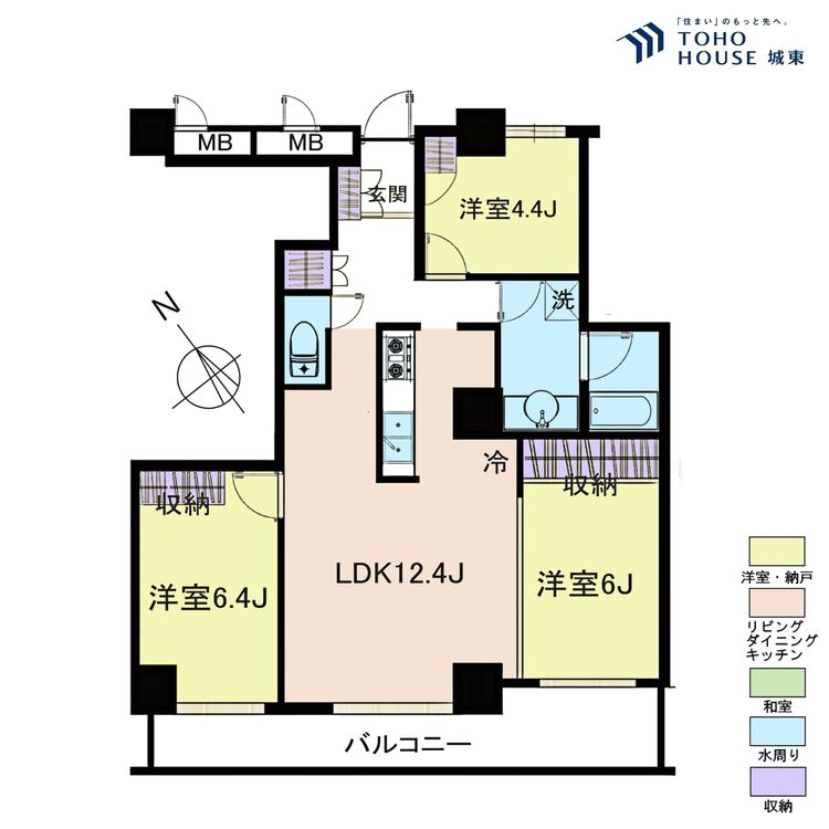 間取り ３ＬＤＫ、専有面積７６．６８平米、バルコニー面積１３．５９平米