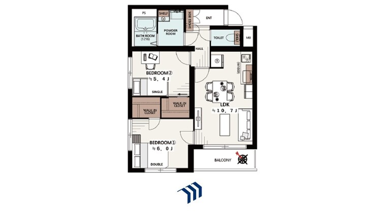 間取り 広々とした約10.7帖のLDKが中心の2LDKです。ウォークインクローゼットやシューズボックスなど豊富な収納があり、空間をすっきりと保てます。