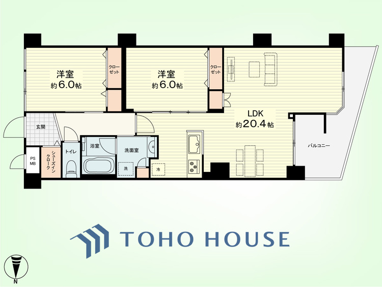 間取り 2LDK　専有面積72.42平米、バルコニー面積8.87平米