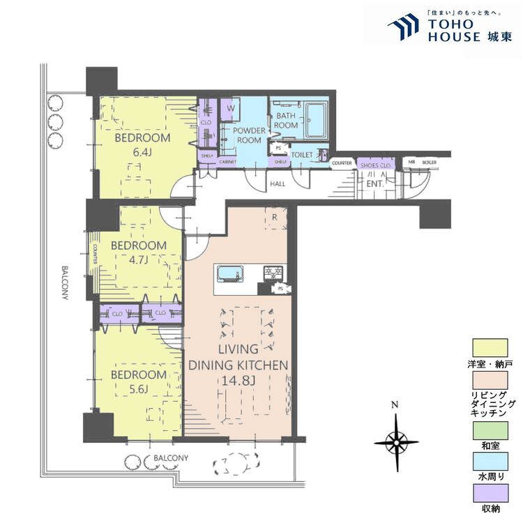 間取り ３ＬＤＫ、専有面積７２．３平米、バルコニー面積２４．０１平米