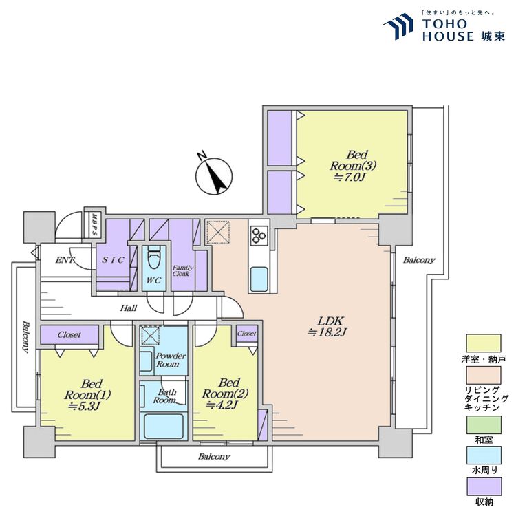 間取り ３ＬＤＫ、専有面積９１．２６平米、バルコニー面積１８．１平米