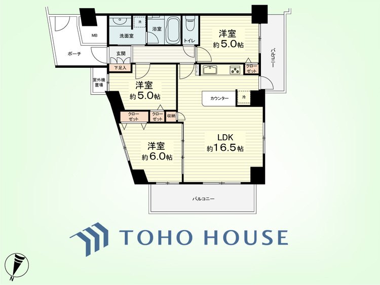 間取り 3LDK　専有面積69.61平米、バルコニー面積13.53平米