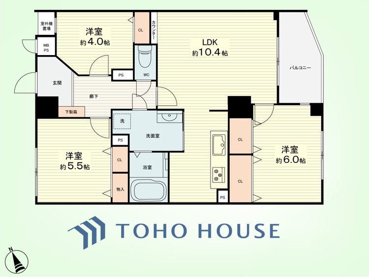 間取り 3LDK　専有面積71.26平米、バルコニー面積5.22平米