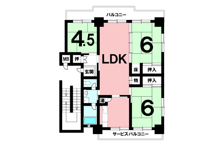 間取り 3LDK、2面バルコニー、南西角部屋【専有面積70.01m2】