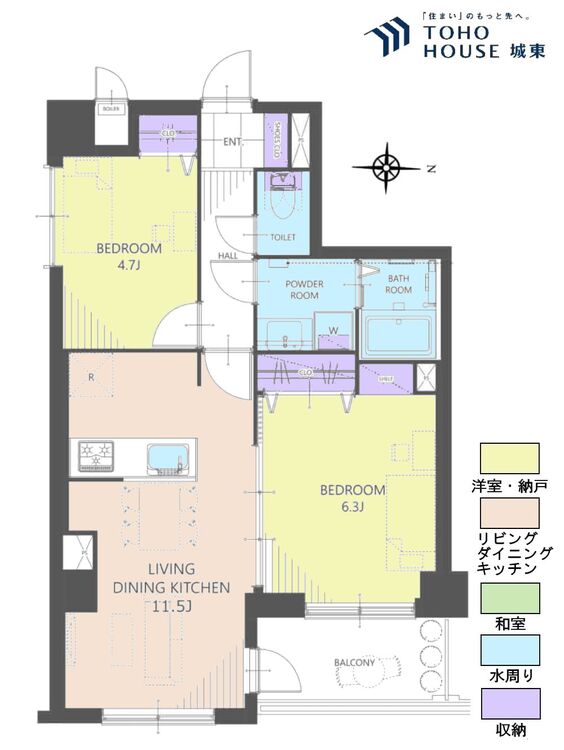 間取り ２ＬＤＫ、専有面積５３．２０平米、バルコニー面積５．１２平米