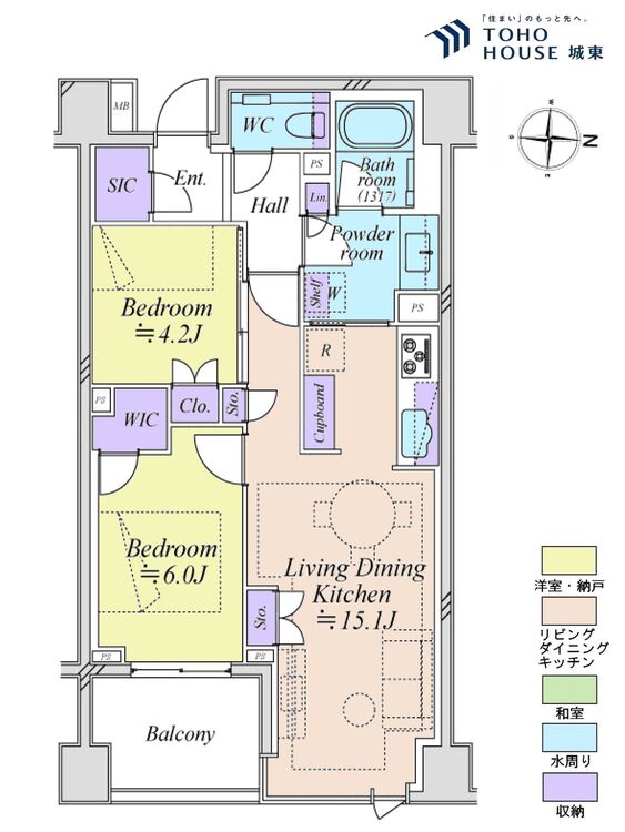 間取り ２ＬＤＫ、専有面積６０．０３平米、バルコニー面積６平米