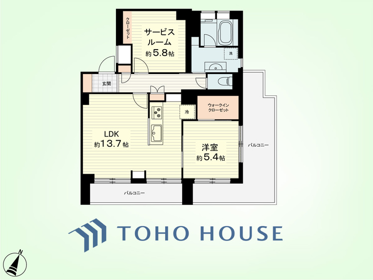 間取り 1SLDK　専有面積60.72平米、バルコニー面積15.67平米