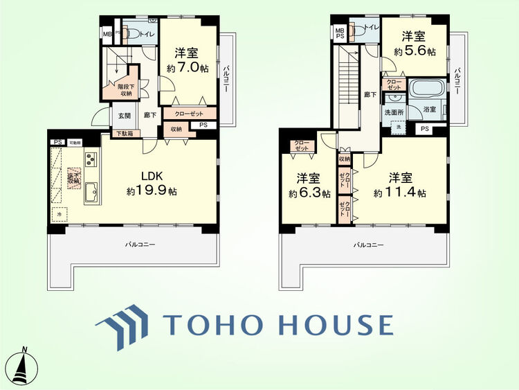 間取り 4LDK　専有面積130.18平米、バルコニー面積41.50平米