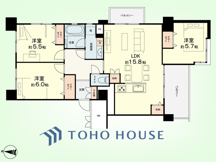 間取り 3LDK+リネン庫　専有面積76.55平米、バルコニー面積10.155平米