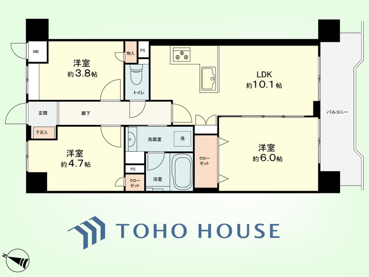 間取り 3LDK　専有面積56.16平米、バルコニー面積7.11平米