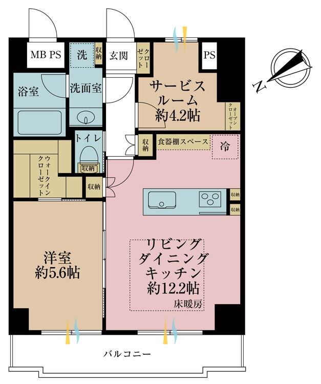 間取り 1LDK+S（納戸）、専有面積51.03m2、バルコニー面積7.02m2