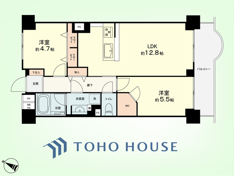 間取り 2LDK　専有面積54.72平米、バルコニー面積7.24平米